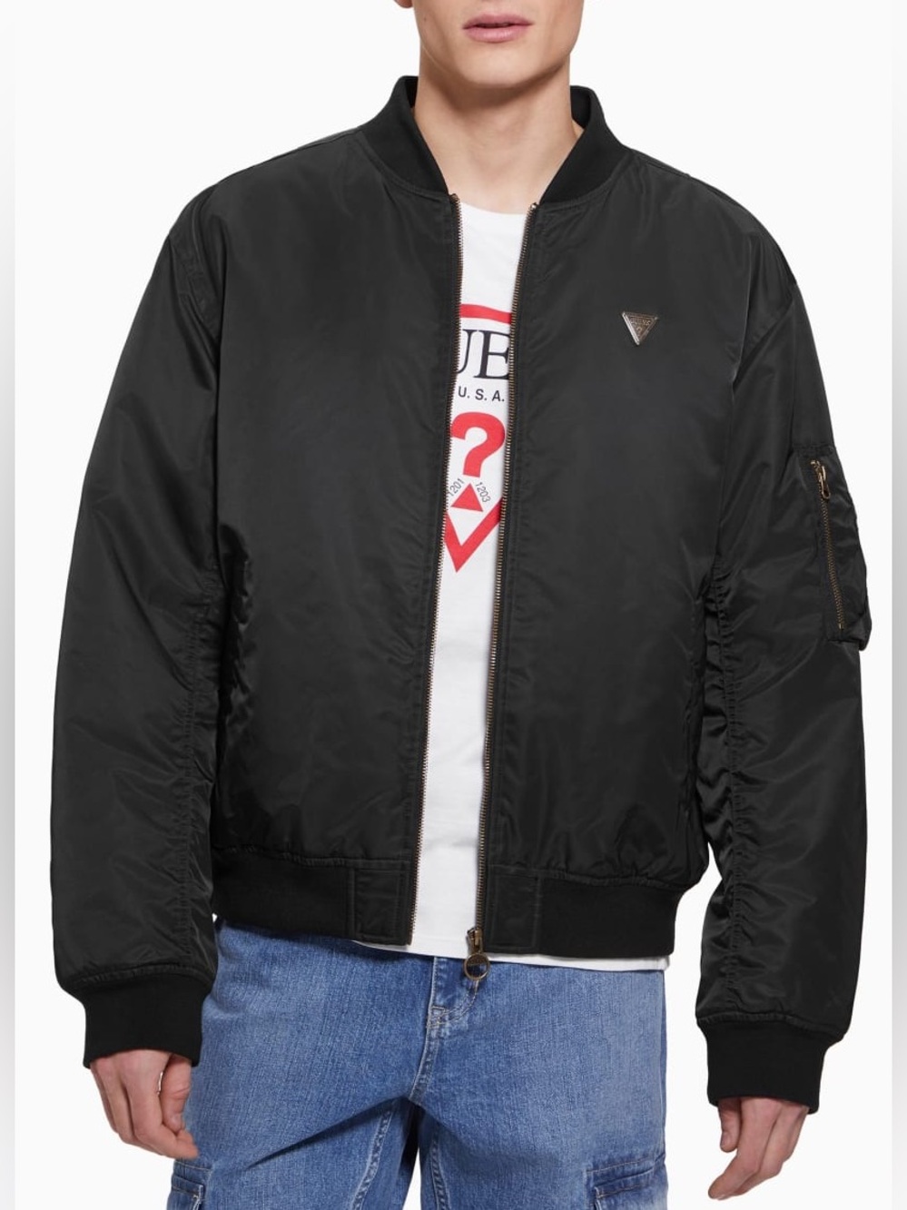 GUESS Men’s Hooded Bomber Jacket Jet Black Size Medium NWT Flaw